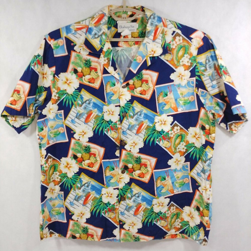 Vtg Bishop St Apparel Hawaii S/S Tropical Cocktails Fruit Hawaiian Shirt Mens XL